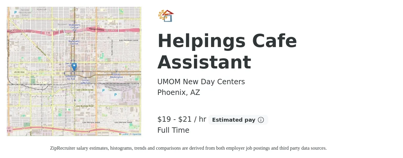 UMOM New Day Centers job posting for a Helpings Cafe Assistant in Phoenix, AZ with a salary of $20 to $23 Hourly with a map of Phoenix location.