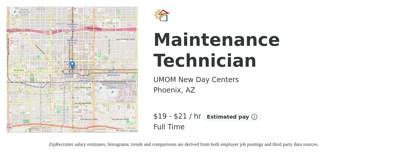 UMOM New Day Centers job posting for a Maintenance Technician in Phoenix, AZ with a salary of $20 to $23 Hourly with a map of Phoenix location.