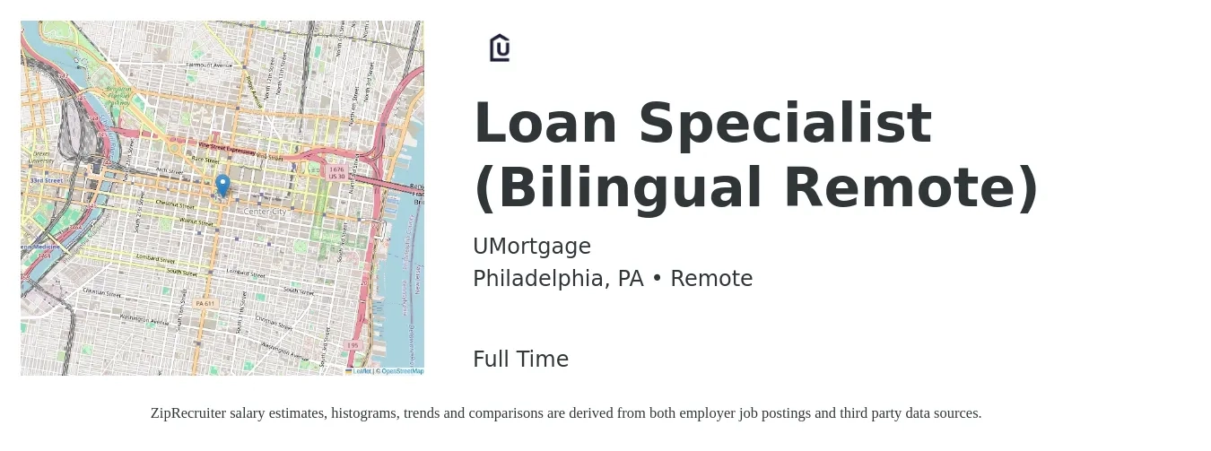UMortgage job posting for a Loan Specialist (Bilingual Remote) in Philadelphia, PA with a salary of $48,400 to $83,200 Yearly with a map of Philadelphia location.