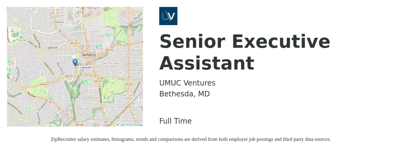 UMUC Ventures job posting for a Senior Executive Assistant in Bethesda, MD with a salary of $64,000 to $112,600 Yearly with a map of Bethesda location.
