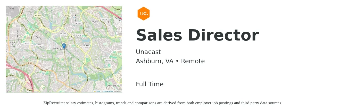 Unacast job posting for a Sales Director in Ashburn, VA with a salary of $100,000 to $150,000 Yearly with a map of Ashburn location.