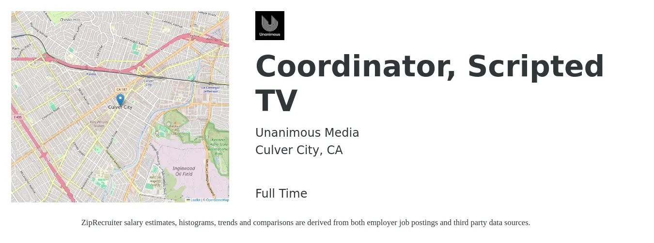 Unanimous Media job posting for a Coordinator, Scripted TV in Culver City, CA with a salary of $44,900 to $74,400 Yearly with a map of Culver City location.