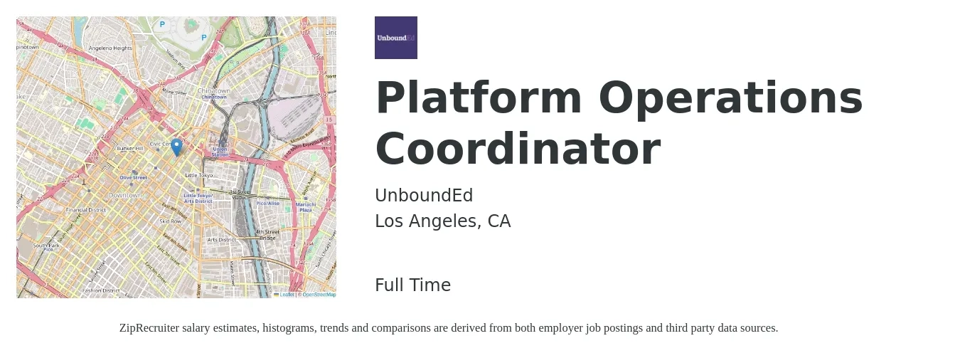 UnboundEd job posting for a Platform Operations Coordinator in Los Angeles, CA with a salary of $22 to $31 Hourly with a map of Los Angeles location.