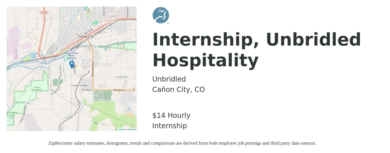 Unbridled job posting for a Internship, Unbridled Hospitality in Cañon City, CO with a salary of $15 Hourly with a map of Cañon City location.