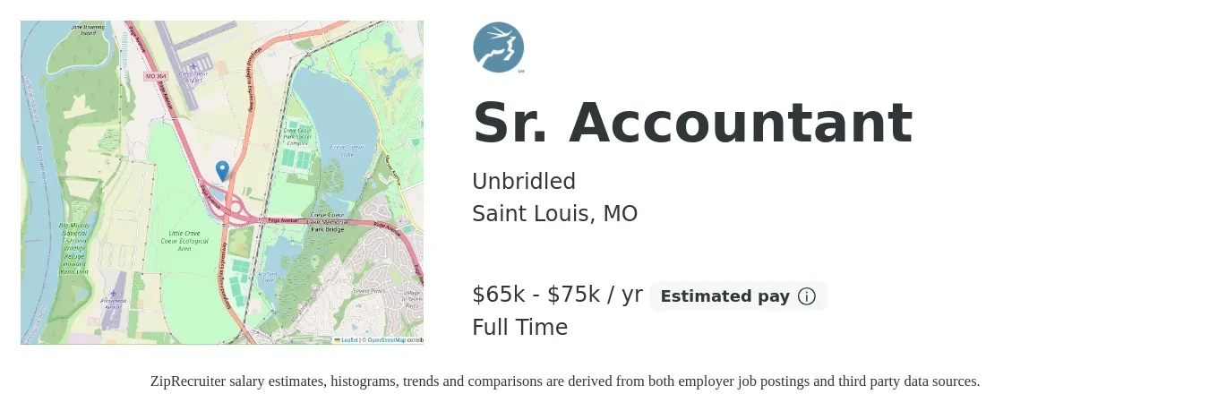 Unbridled job posting for a Sr. Accountant in Saint Louis, MO with a salary of $65,000 to $75,000 Yearly with a map of Saint Louis location.
