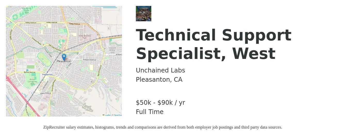 Unchained Labs job posting for a Technical Support Specialist, West in Pleasanton, CA with a salary of $50,000 to $90,000 Yearly with a map of Pleasanton location.