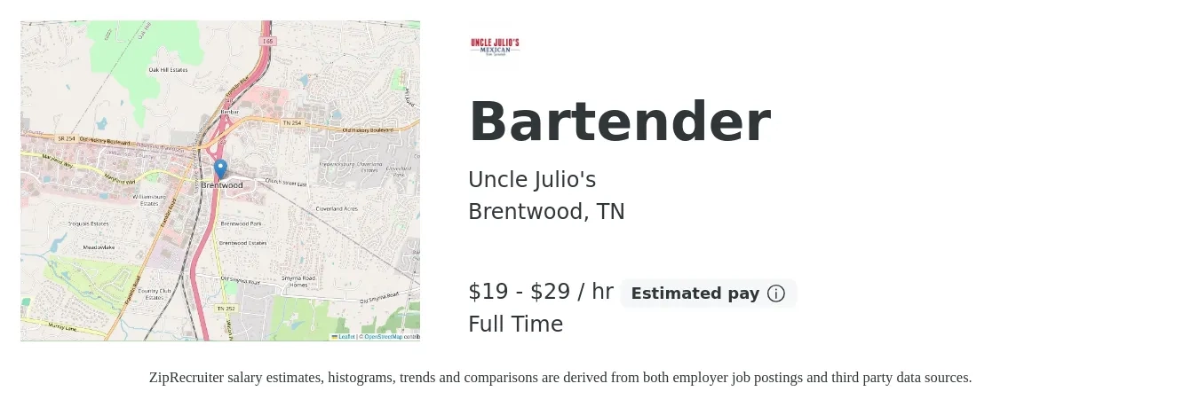Uncle Julio's job posting for a Bartender in Brentwood, TN with a salary of $20 to $31 Hourly with a map of Brentwood location.
