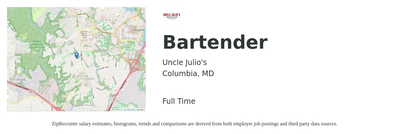 Uncle Julio's job posting for a Bartender in Columbia, MD with a salary of $10 to $18 Hourly with a map of Columbia location.