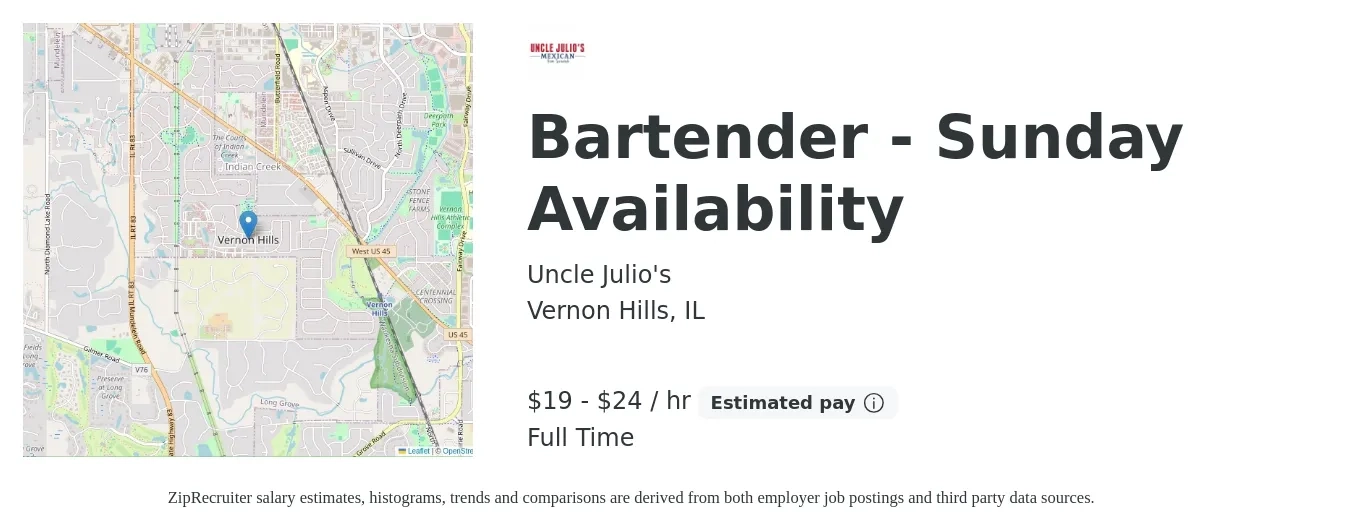 Uncle Julio's job posting for a Bartender - Sunday Availability in Vernon Hills, IL with a salary of $20 to $25 Hourly with a map of Vernon Hills location.