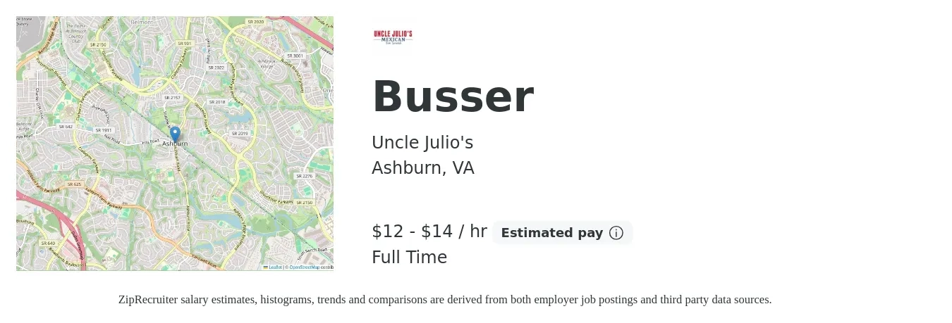 Uncle Julio's job posting for a Busser in Ashburn, VA with a salary of $13 to $15 Hourly with a map of Ashburn location.