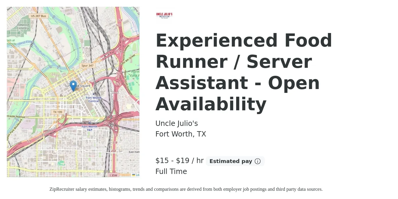 Uncle Julio's job posting for a Experienced Food Runner / Server Assistant - Open Availability in Fort Worth, TX with a salary of $16 to $20 Hourly with a map of Fort Worth location.