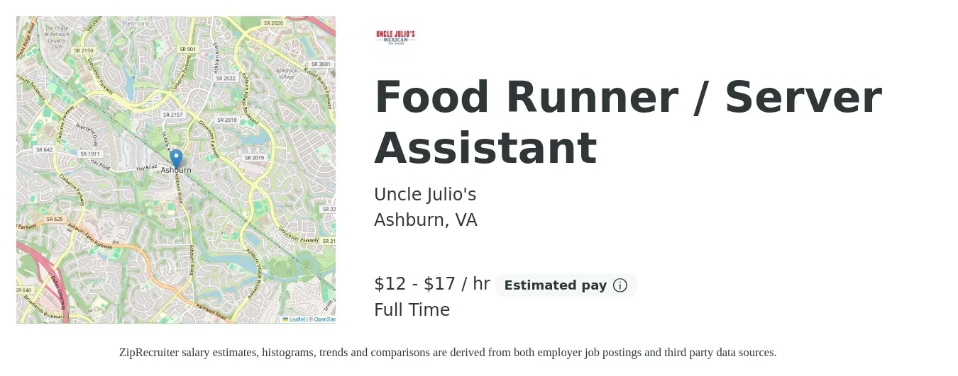 Uncle Julio's job posting for a Food Runner / Server Assistant in Ashburn, VA with a salary of $13 to $18 Hourly with a map of Ashburn location.