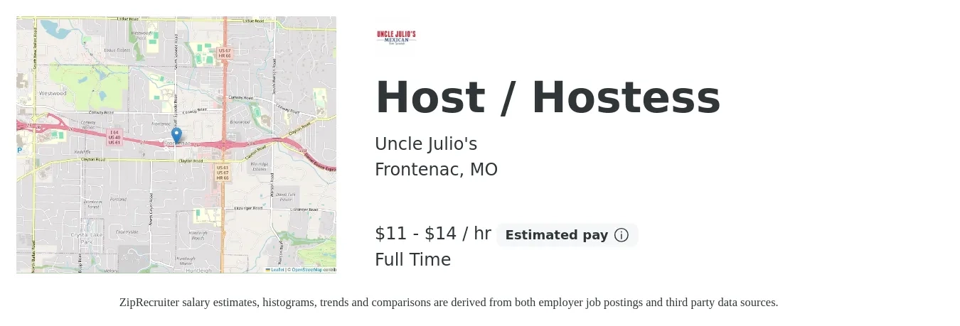 Uncle Julio's job posting for a Host / Hostess in Frontenac, MO with a salary of $12 to $15 Hourly with a map of Frontenac location.