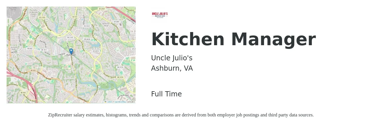 Uncle Julio's job posting for a Kitchen Manager in Ashburn, VA with a salary of $39,900 to $63,900 Yearly with a map of Ashburn location.