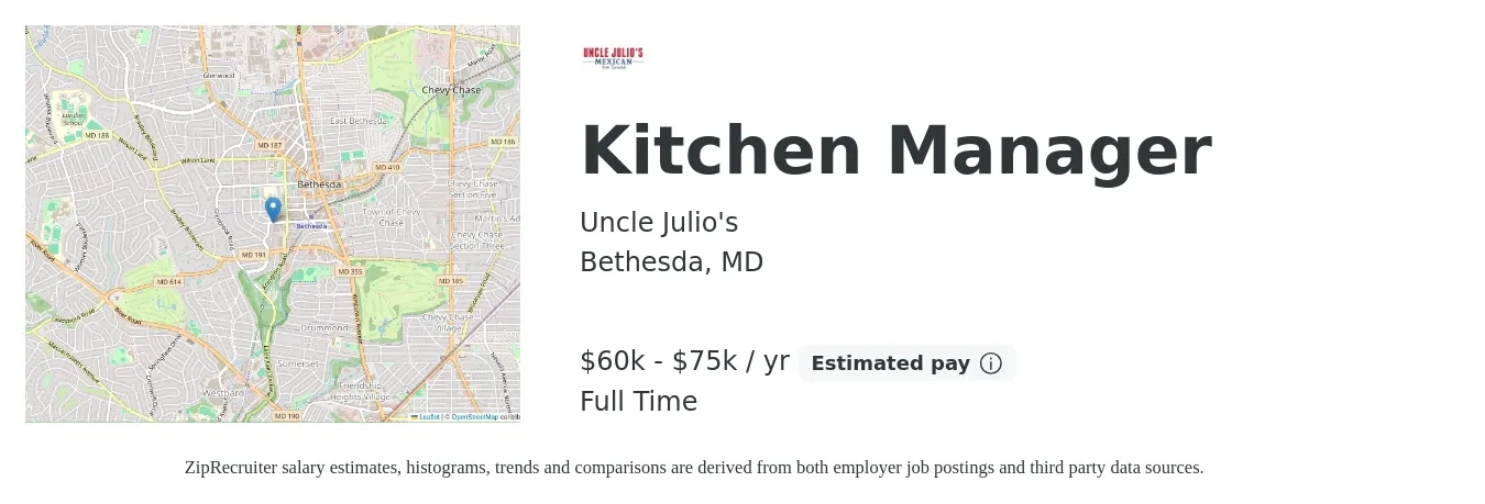Uncle Julio's job posting for a Kitchen Manager in Bethesda, MD with a salary of $41,600 to $66,700 Yearly with a map of Bethesda location.