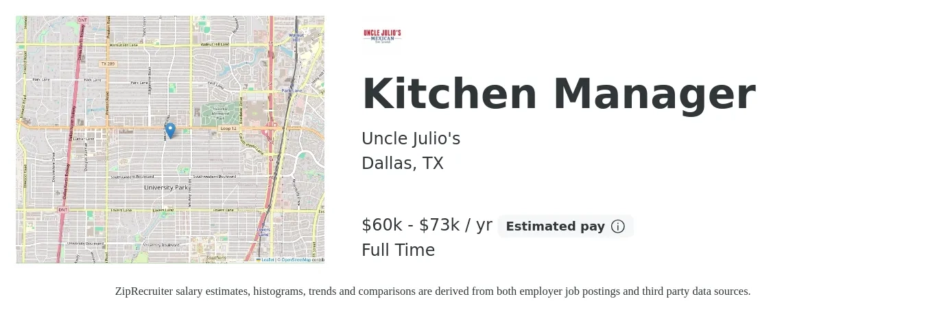 Uncle Julio's job posting for a Kitchen Manager in Dallas, TX with a salary of $38,100 to $61,000 Yearly with a map of Dallas location.