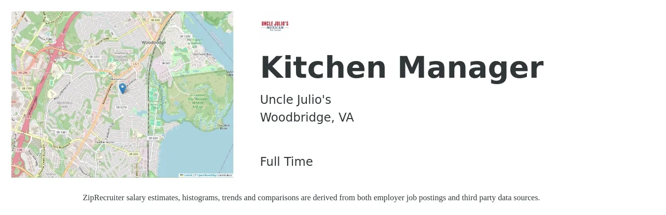 Uncle Julio's job posting for a Kitchen Manager in Woodbridge, VA with a salary of $38,600 to $61,900 Yearly with a map of Woodbridge location.