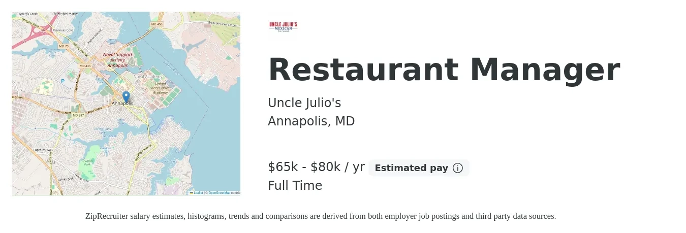 Uncle Julio's job posting for a Restaurant Manager in Annapolis, MD with a salary of $65,000 to $80,000 Yearly with a map of Annapolis location.