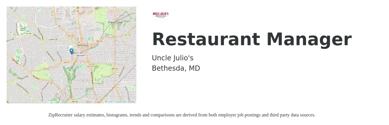 Uncle Julio's job posting for a Restaurant Manager in Bethesda, MD with a salary of $65,000 to $80,000 Yearly with a map of Bethesda location.