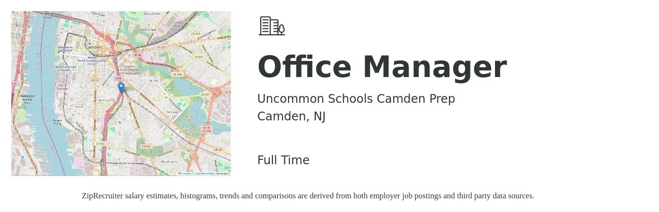 Uncommon Schools Camden Prep job posting for a Office Manager in Camden, NJ with a salary of $18 to $19 Hourly with a map of Camden location.