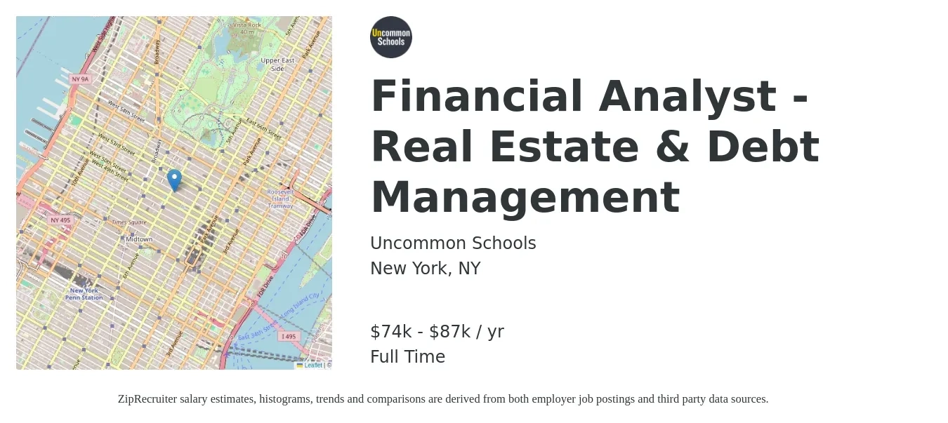 Uncommon Schools job posting for a Financial Analyst - Real Estate & Debt Management in New York, NY with a salary of $74,000 to $87,000 Yearly with a map of New York location.