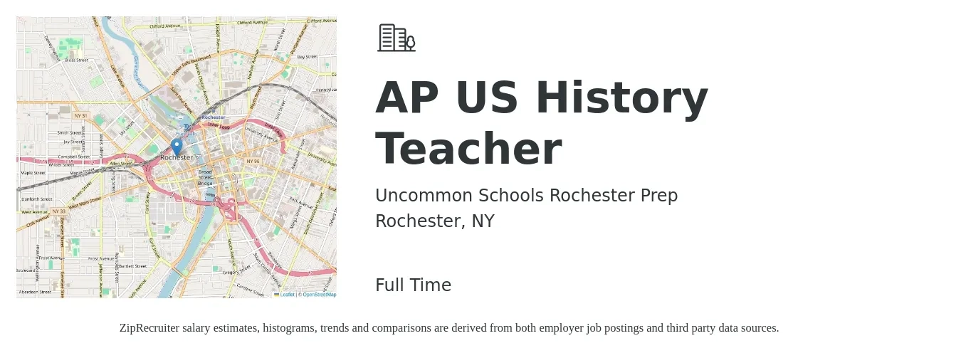 Uncommon Schools Rochester Prep job posting for a AP US History Teacher in Rochester, NY with a salary of $46,400 to $64,100 Yearly with a map of Rochester location.