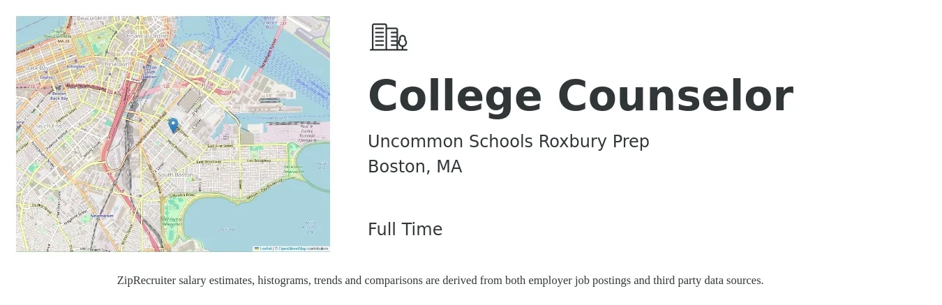 Uncommon Schools Roxbury Prep job posting for a College Counselor in Boston, MA with a salary of $57,000 to $79,500 Yearly with a map of Boston location.