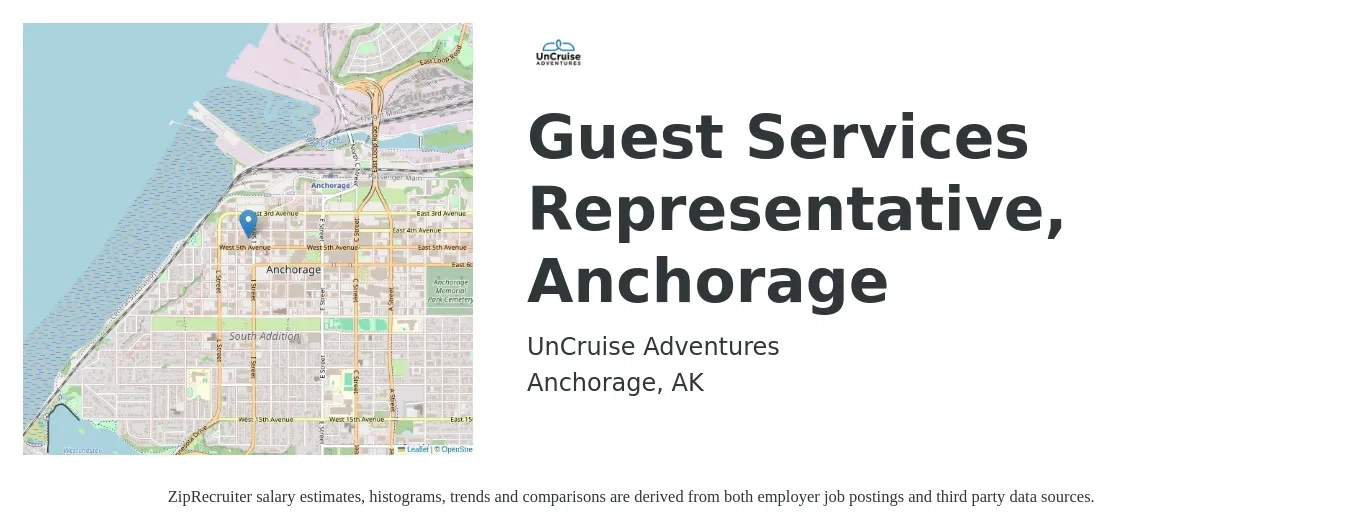 UnCruise Adventures job posting for a Guest Services Representative, Anchorage in Anchorage, AK with a salary of $14 to $17 Hourly with a map of Anchorage location.