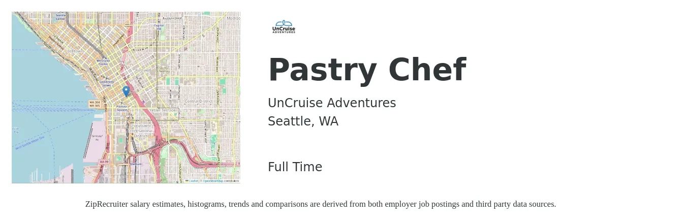 UnCruise Adventures job posting for a Pastry Chef in Seattle, WA with a salary of $180 Daily with a map of Seattle location.