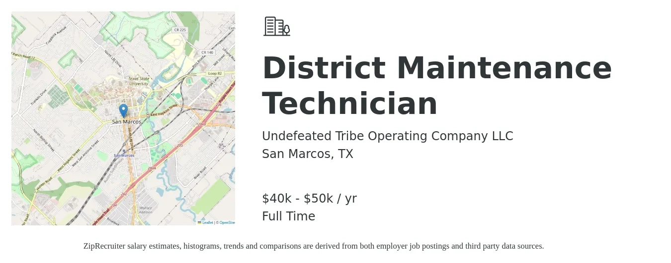 Undefeated Tribe Operating Company LLC job posting for a District Maintenance Technician in San Marcos, TX with a salary of $40,000 to $50,000 Yearly with a map of San Marcos location.