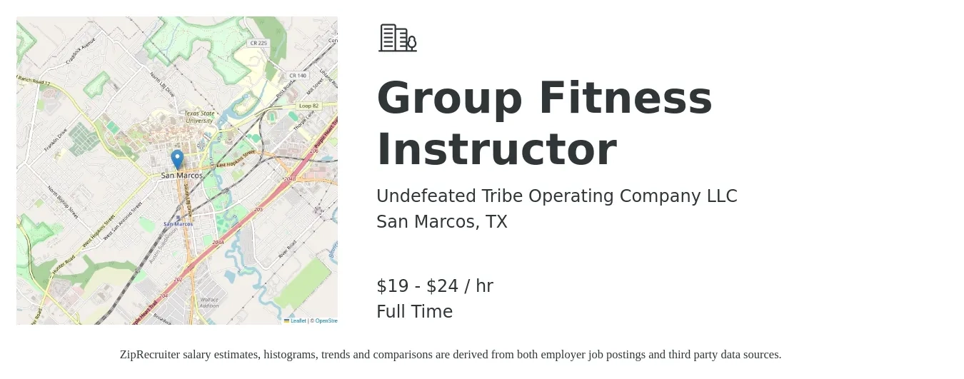 Undefeated Tribe Operating Company LLC job posting for a Group Fitness Instructor in San Marcos, TX with a salary of $20 to $25 Hourly with a map of San Marcos location.