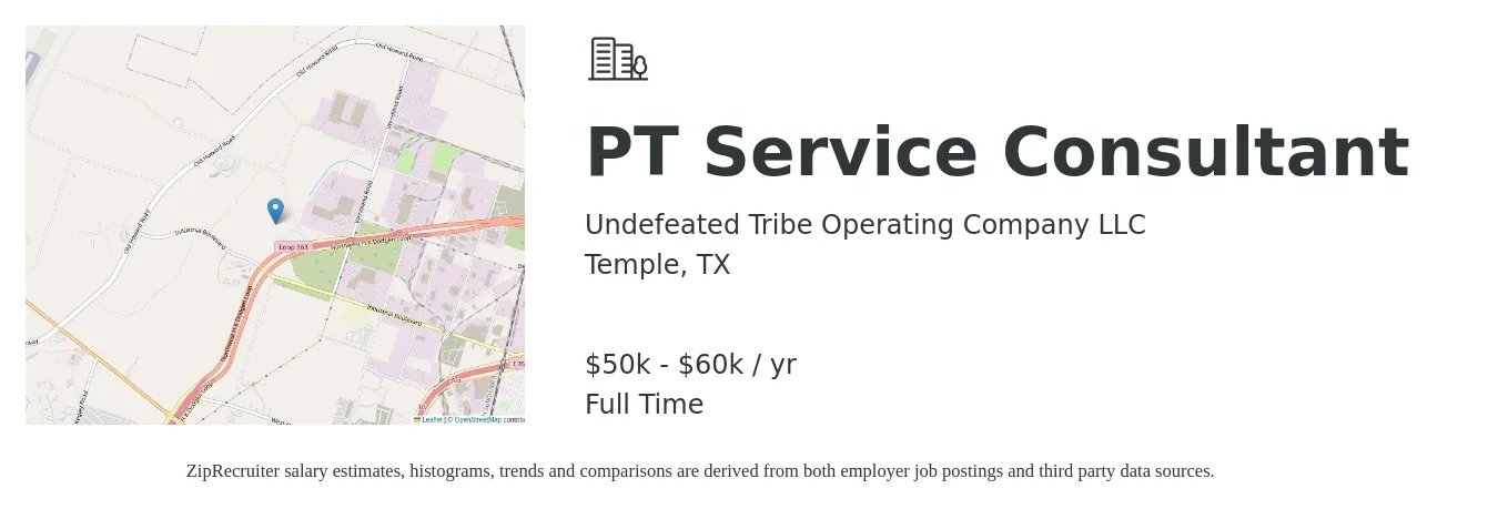 Undefeated Tribe Operating Company LLC job posting for a PT Service Consultant in Temple, TX with a salary of $50,000 to $60,000 Yearly with a map of Temple location.