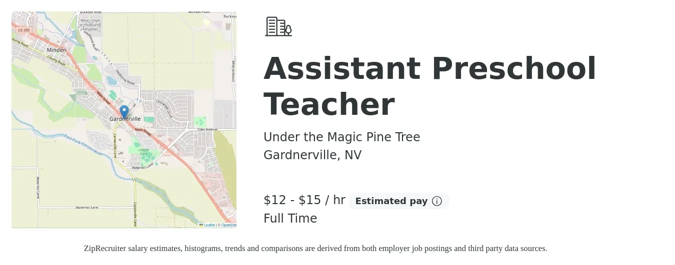 Under the Magic Pine Tree job posting for a Assistant Preschool Teacher in Gardnerville, NV with a salary of $13 to $16 Hourly with a map of Gardnerville location.