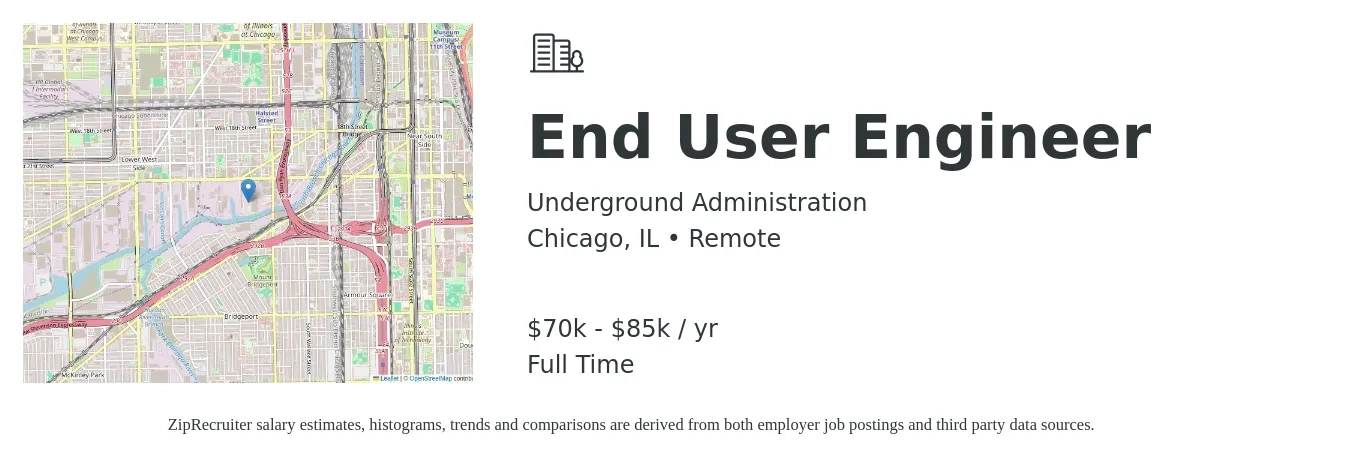 Underground Administration job posting for a End User Engineer in Chicago, IL with a salary of $70,000 to $85,000 Yearly with a map of Chicago location.