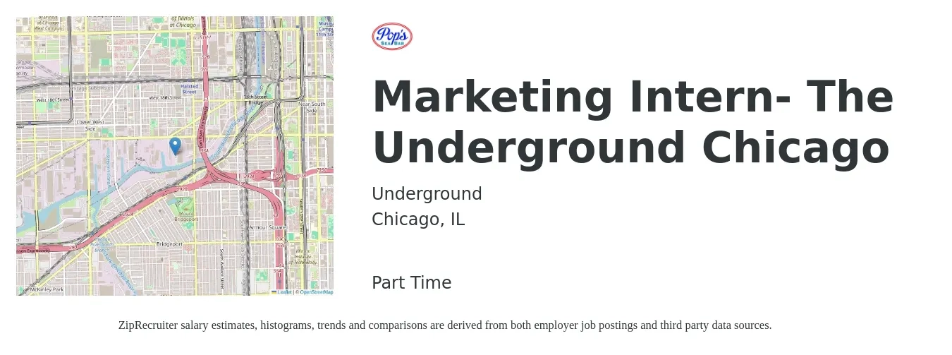 Underground job posting for a Marketing Intern- The Underground Chicago in Chicago, IL with a salary of $16 Hourly with a map of Chicago location.