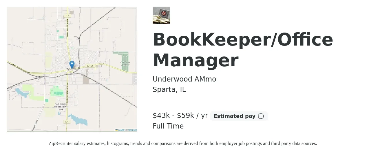 Underwood AMmo job posting for a BookKeeper/Office Manager in Sparta, IL with a salary of $43,680 to $59,280 Yearly with a map of Sparta location.