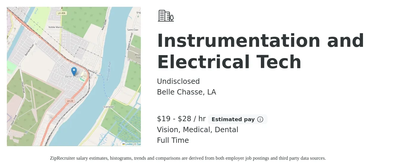 Undisclosed job posting for a Instrumentation and Electrical Tech in Belle Chasse, LA with a salary of $20 to $30 Hourly and benefits including dental, life_insurance, medical, retirement, and vision with a map of Belle Chasse location.
