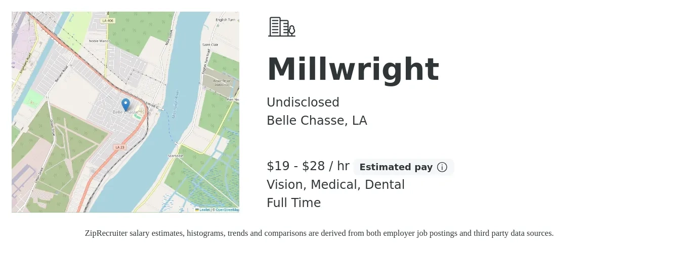 Undisclosed job posting for a Millwright in Belle Chasse, LA with a salary of $20 to $30 Hourly and benefits including medical, retirement, vision, dental, and life_insurance with a map of Belle Chasse location.