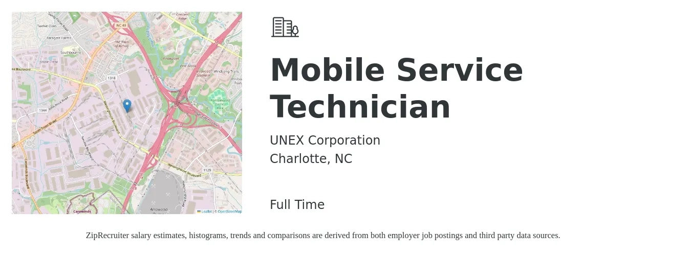 UNEX Corporation job posting for a Mobile Service Technician in Charlotte, NC with a salary of $20 to $29 Hourly with a map of Charlotte location.