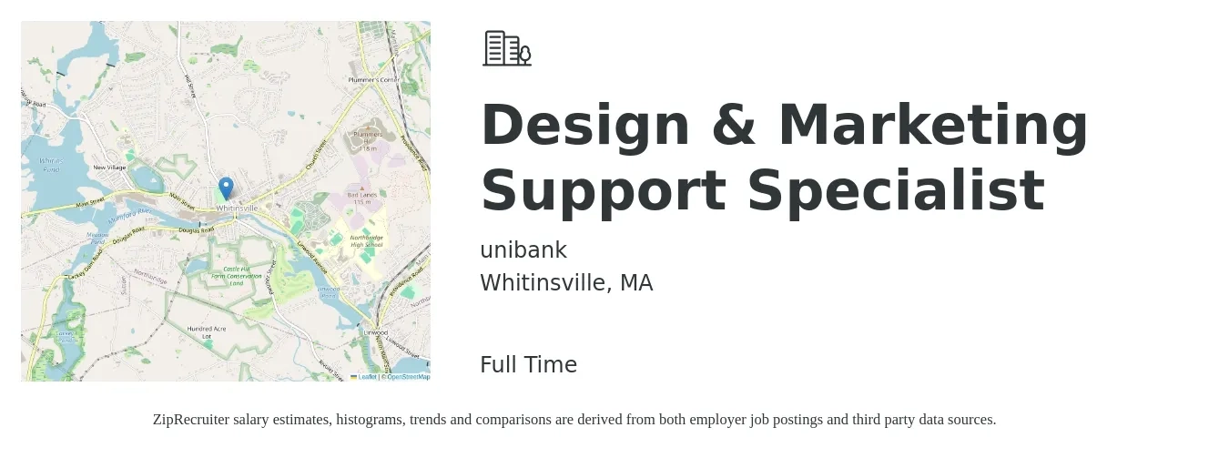 unibank job posting for a Design & Marketing Support Specialist in Whitinsville, MA with a salary of $22 to $29 Hourly with a map of Whitinsville location.