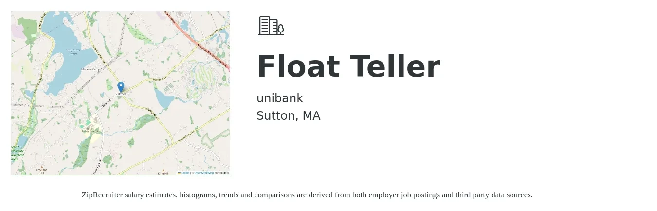 Unibank job posting for a Float Teller in Sutton, MA with a salary of $17 to $21 Hourly with a map of Sutton location.