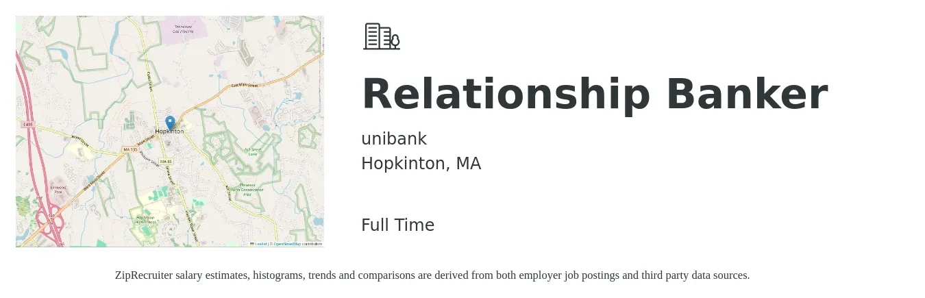 unibank job posting for a Relationship Banker in Hopkinton, MA with a salary of $20 to $27 Hourly with a map of Hopkinton location.