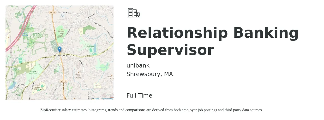 unibank job posting for a Relationship Banking Supervisor in Shrewsbury, MA with a salary of $51,400 to $107,500 Yearly with a map of Shrewsbury location.