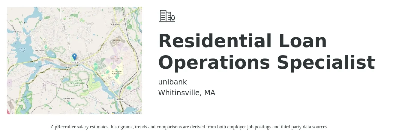 unibank job posting for a Residential Loan Operations Specialist in Whitinsville, MA with a salary of $19 to $31 Hourly with a map of Whitinsville location.