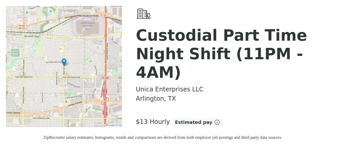 Unica Enterprises LLC job posting for a Custodial Part Time Night Shift (11PM - 4AM) in Arlington, TX with a salary of $14 Hourly with a map of Arlington location.