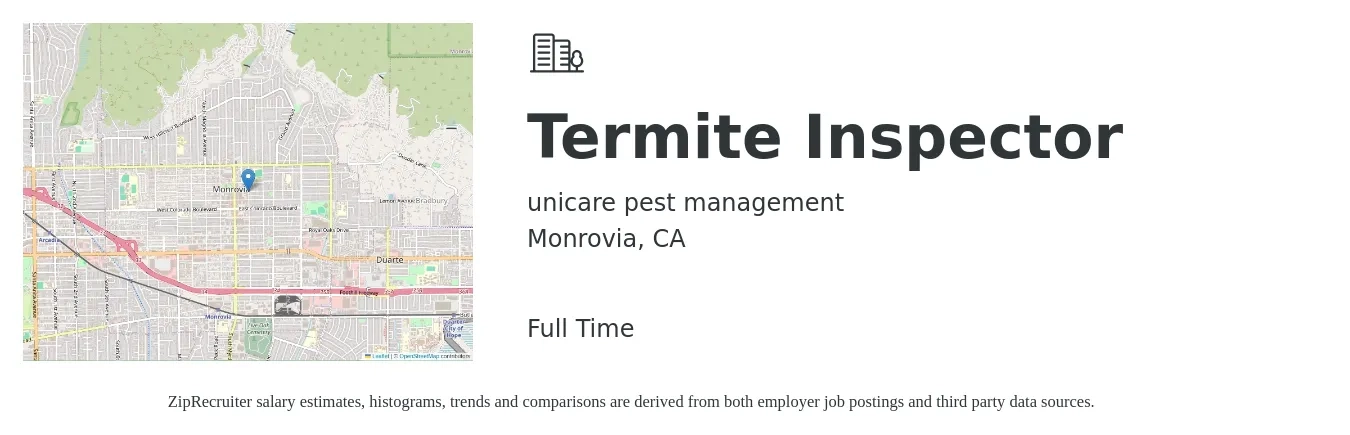 unicare pest management job posting for a Termite Inspector in Monrovia, CA with a salary of $20 to $25 Hourly with a map of Monrovia location.