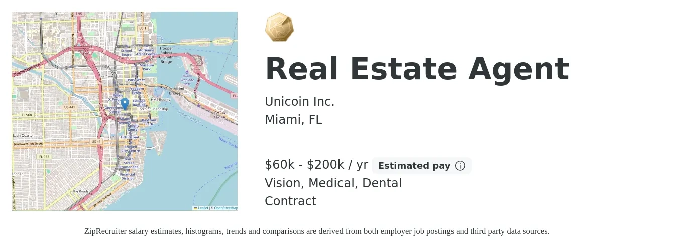 Unicoin Inc. job posting for a Real Estate Agent in Miami, FL with a salary of $60,000 to $200,000 Yearly (plus commission) and benefits including vision, dental, medical, and pto with a map of Miami location.