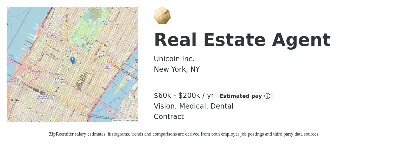 Unicoin Inc. job posting for a Real Estate Agent in New York, NY with a salary of $60,000 to $200,000 Yearly (plus commission) and benefits including medical, pto, vision, and dental with a map of New York location.
