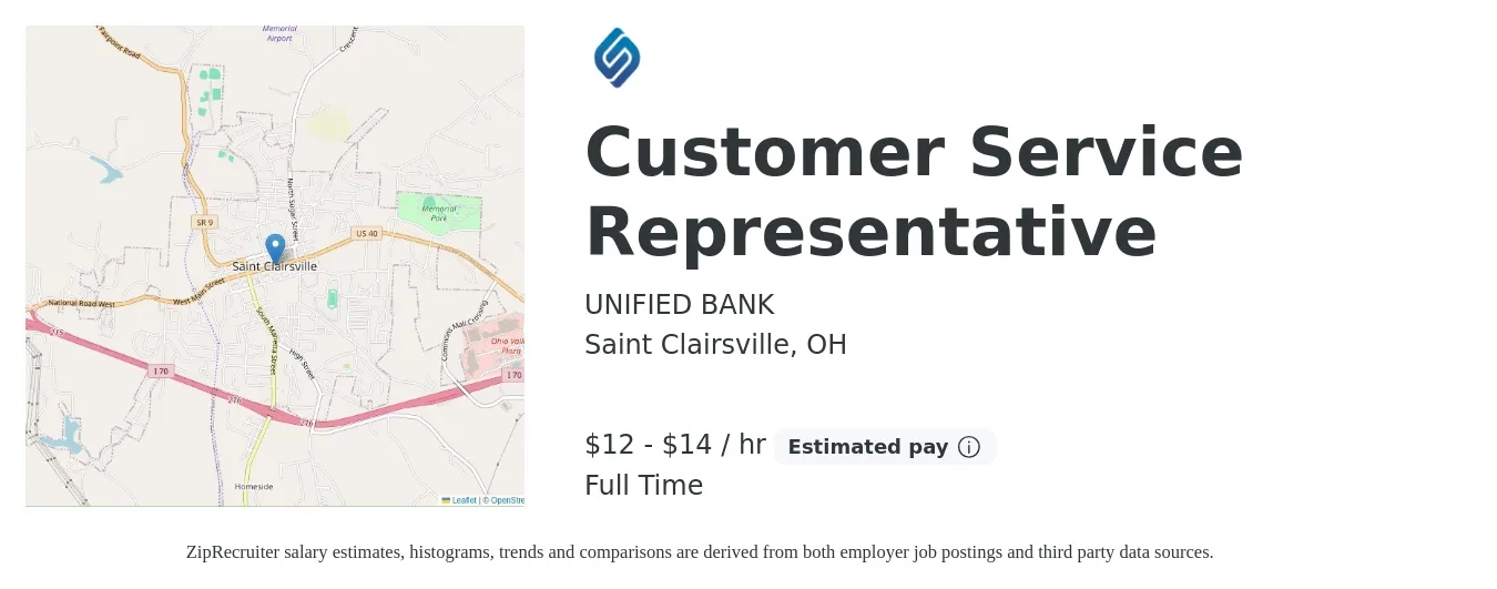 UNIFIED BANK job posting for a Customer Service Representative in Saint Clairsville, OH with a salary of $13 to $15 Hourly with a map of Saint Clairsville location.