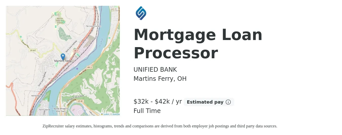 UNIFIED BANK job posting for a Mortgage Loan Processor in Martins Ferry, OH with a salary of $32,000 to $42,000 Yearly with a map of Martins Ferry location.